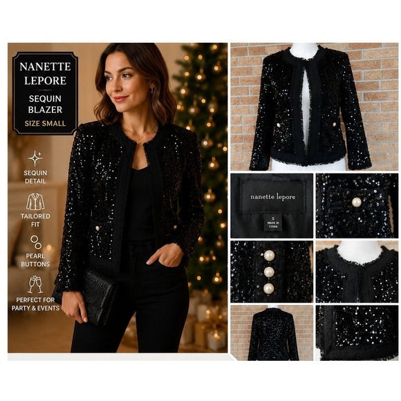 Nanette Lepore Jackets & Blazers - Nanette Lepore Sequin Jacket Womens Small Black New Pearl Button Frayed Trim